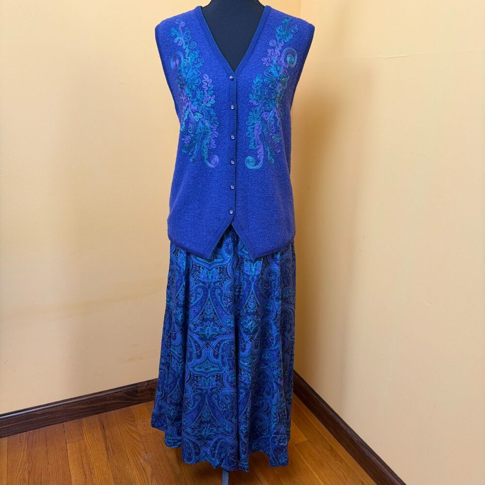 VTG 90s 2pc Vest Skirt Set Blue Whimsigoth Grandma Cottagecore Paisley S 8